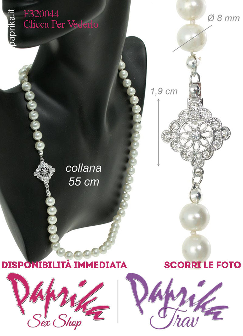 Collana Lunga 55 cm Perle Ø 8 mm Gioiello Rombo Strass Apertura Rapida Collana Lunga 55 cm Perle Ø 8 mm Gioiello Rombo Strass Apertura Rapida