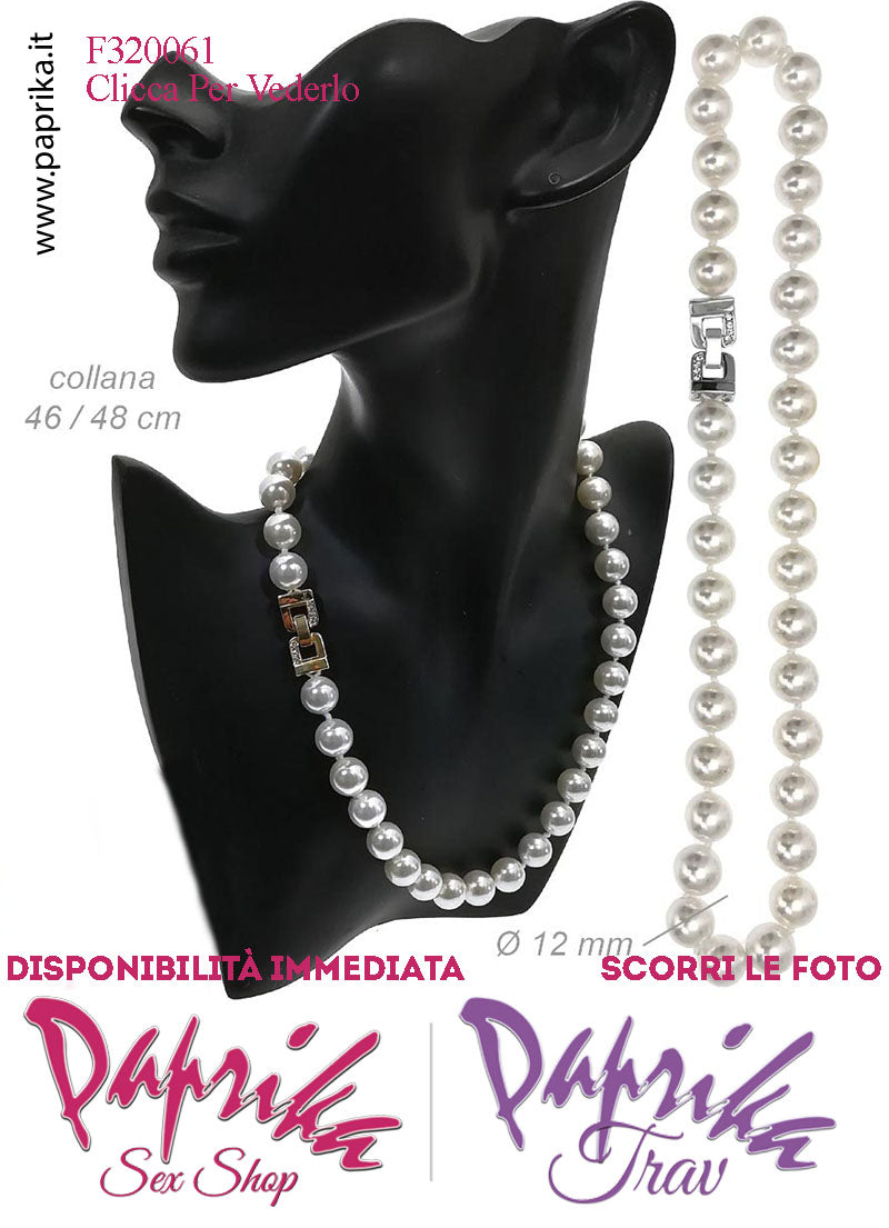 Collana Lunga 46/48 cm Perle Ø 12 mm Gioiello Rettangolare Strass Apertura Rapida Collana Lunga 46/48 cm Perle Ø 12 mm Gioiello Rettangolare Strass Apertura Rapida
