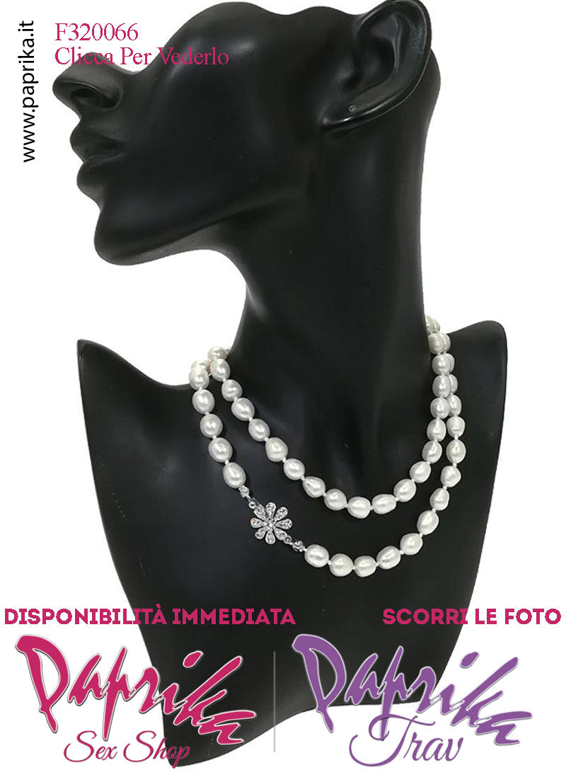 Collana Lunga 72 cm Perle Ø 9 mm Gioiello Fiore Strass Apertura Rapida Collana Lunga 72 cm Perle Ø 9 mm Gioiello Fiore Strass Apertura Rapida