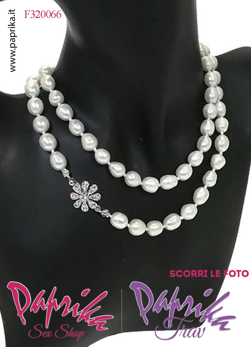 Collana Lunga 72 cm Perle Ø 9 mm Gioiello Fiore Strass Apertura Rapida Collana Lunga 72 cm Perle Ø 9 mm Gioiello Fiore Strass Apertura Rapida