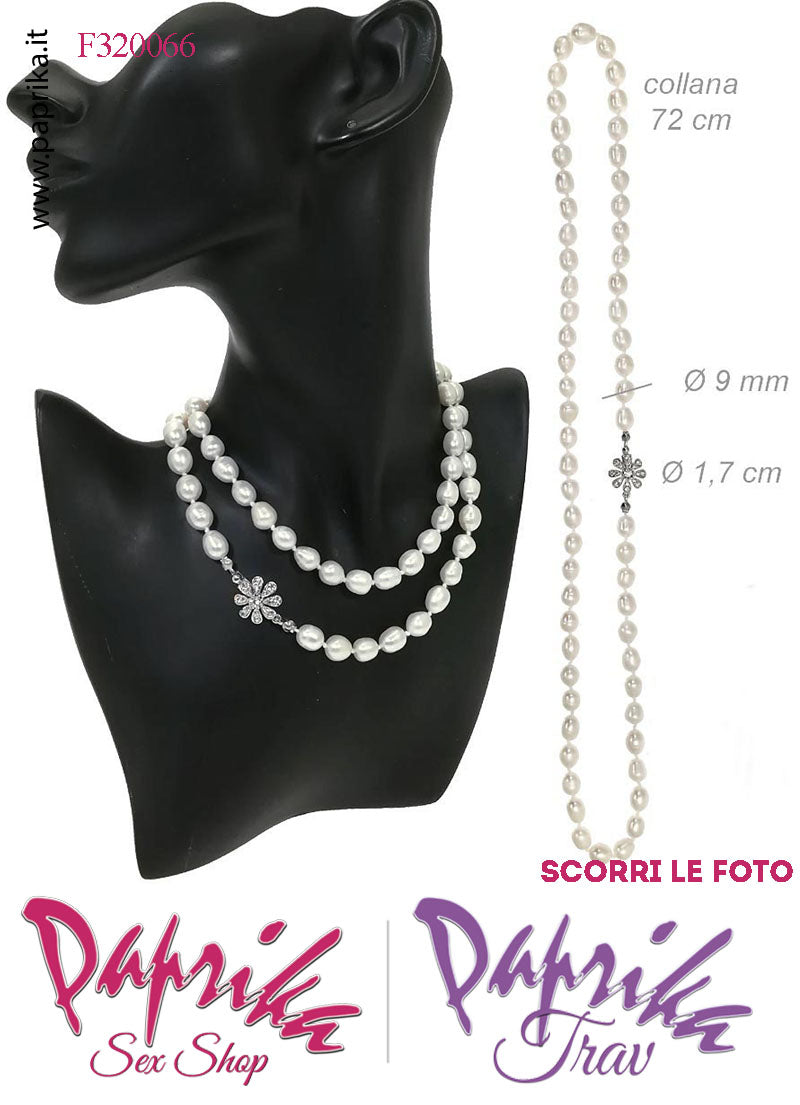 Collana Lunga 72 cm Perle Ø 9 mm Gioiello Fiore Strass Apertura Rapida Collana Lunga 72 cm Perle Ø 9 mm Gioiello Fiore Strass Apertura Rapida