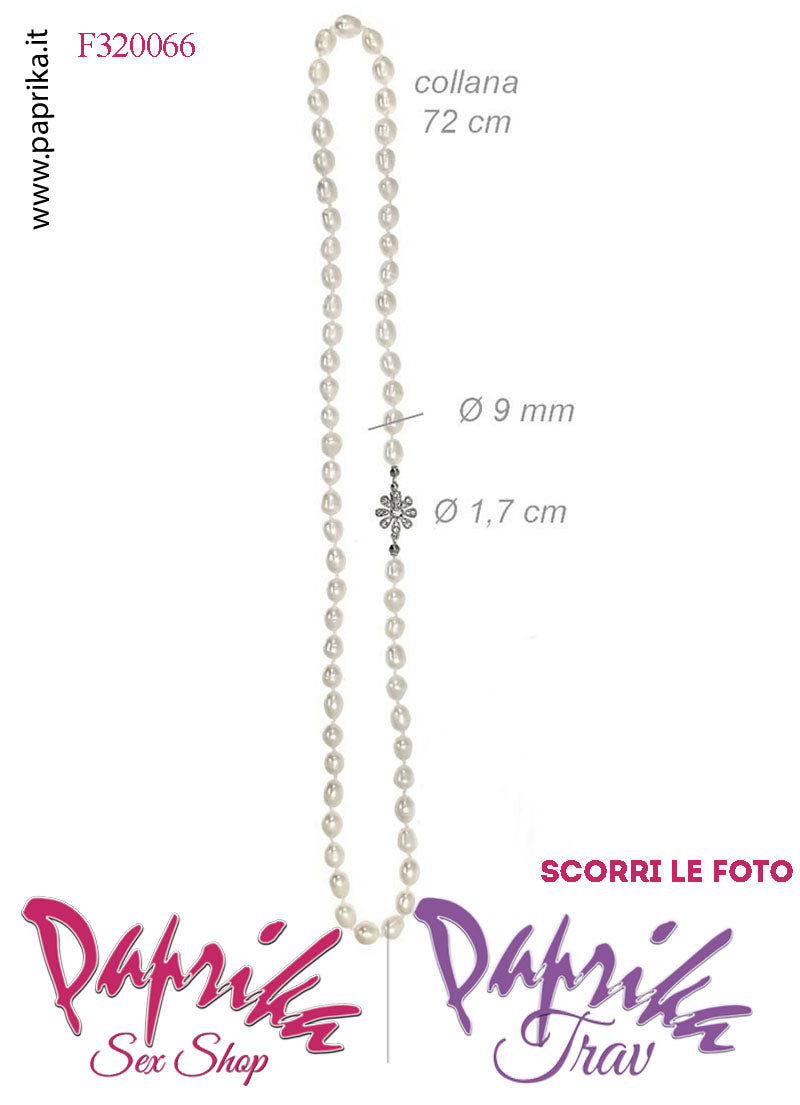 Collana Lunga 72 cm Perle Ø 9 mm Gioiello Fiore Strass Apertura Rapida Collana Lunga 72 cm Perle Ø 9 mm Gioiello Fiore Strass Apertura Rapida