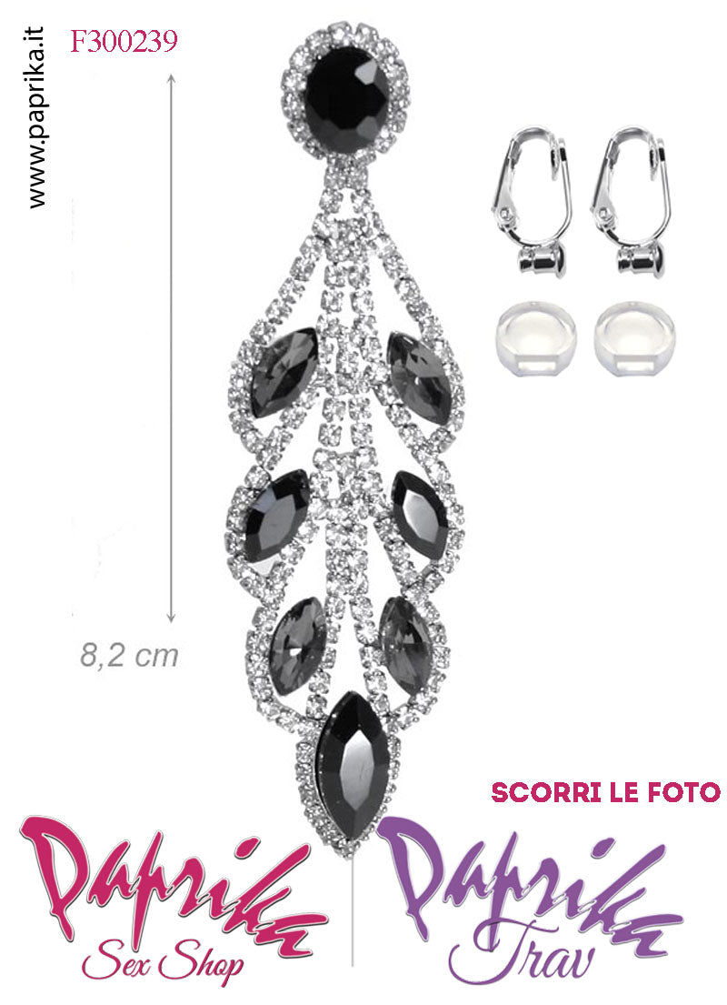 Orecchini Pendenti Lunghi Strass Neri Metallo Perno Clip Omaggio Orecchini Pendenti Lunghi Strass Neri Metallo Perno Clip Omaggio