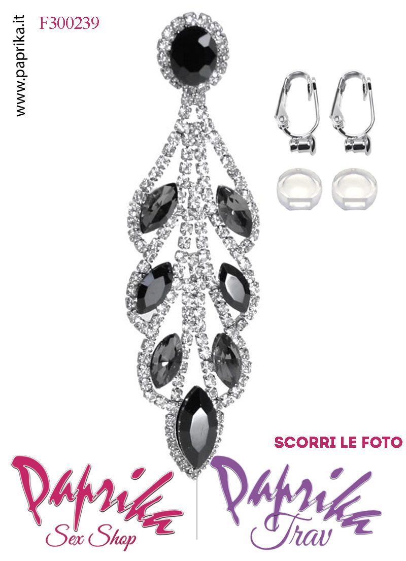 Orecchini Pendenti Lunghi Strass Neri Metallo Perno Clip Omaggio Orecchini Pendenti Lunghi Strass Neri Metallo Perno Clip Omaggio