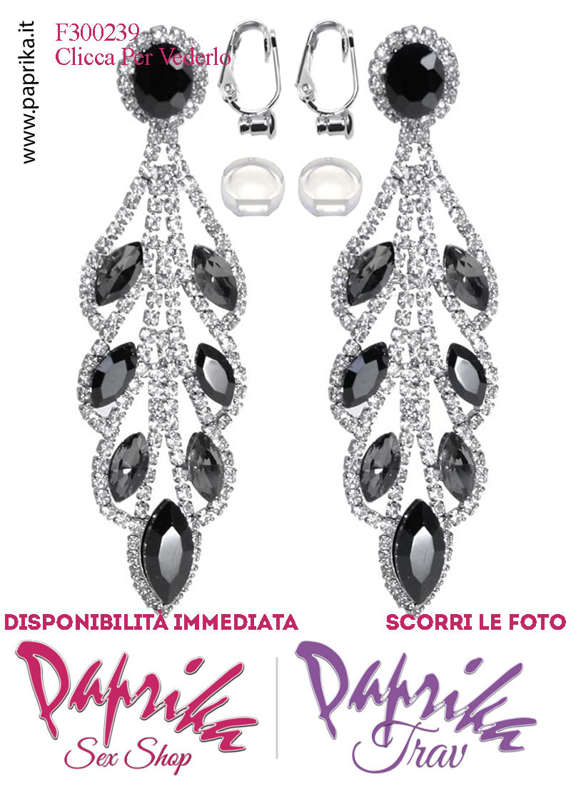 Orecchini Pendenti Lunghi Strass Neri Metallo Perno Clip Omaggio Orecchini Pendenti Lunghi Strass Neri Metallo Perno Clip Omaggio