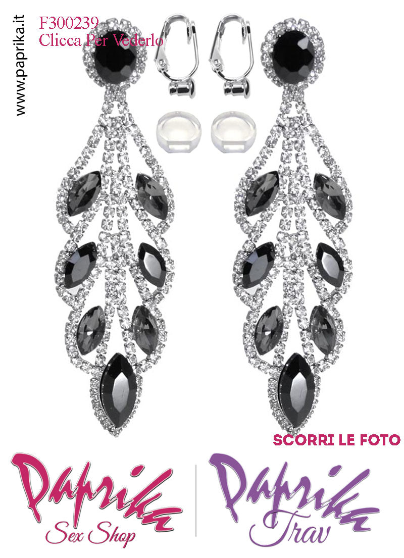 Orecchini Pendenti Lunghi Strass Neri Metallo Perno Clip Omaggio Orecchini Pendenti Lunghi Strass Neri Metallo Perno Clip Omaggio
