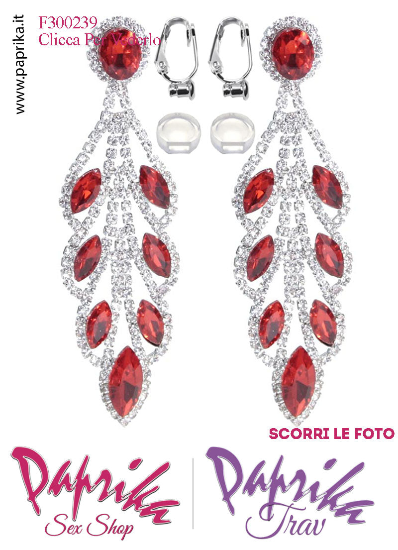 Orecchini Pendenti Lunghi Strass Rossi Metallo Perno Clip Omaggio Orecchini Pendenti Lunghi Strass Rossi Metallo Perno Clip Omaggio