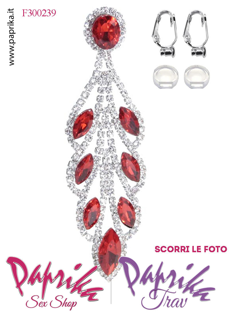 Orecchini Pendenti Lunghi Strass Rossi Metallo Perno Clip Omaggio Orecchini Pendenti Lunghi Strass Rossi Metallo Perno Clip Omaggio