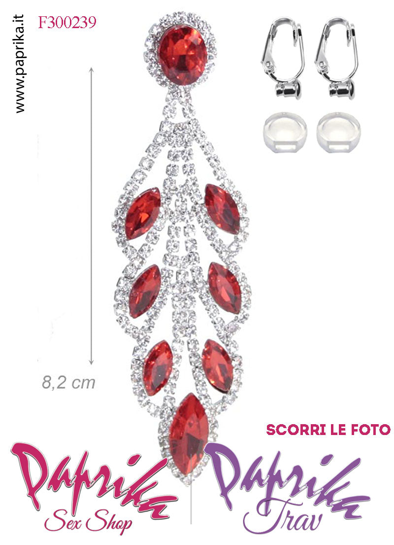 Orecchini Pendenti Lunghi Strass Rossi Metallo Perno Clip Omaggio Orecchini Pendenti Lunghi Strass Rossi Metallo Perno Clip Omaggio