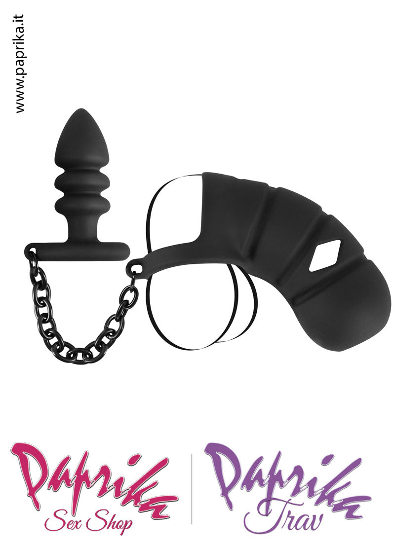 Cintura Di Castità Maschile Plug Catenella Cock Cage Corta Silicone Cintura Di Castità Maschile Plug Catenella Cock Cage Corta Silicone