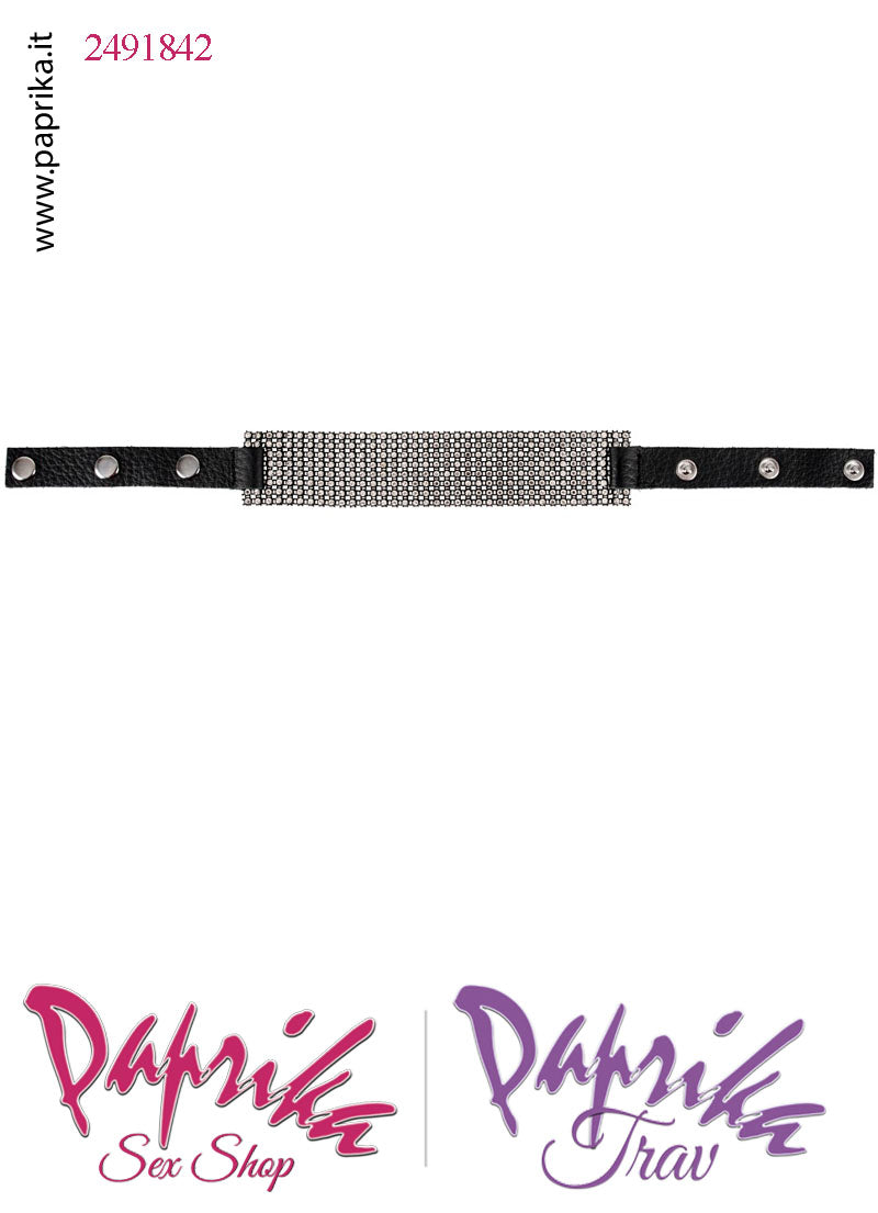 Collarino Alto 4 cm Ecopelle 8 File Strass Sintetici Tre Automatici Posteriori Collarino Alto 4 cm Ecopelle 8 File Strass Sintetici Tre Automatici Posteriori