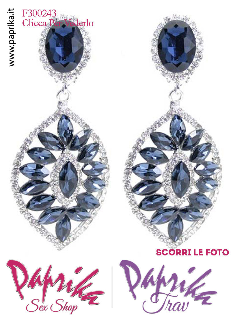 Orecchini Pendenti Ovali Con Clip Metallo Strass Grandi Blu Orecchini Pendenti Ovali Con Clip Metallo Strass Grandi Blu