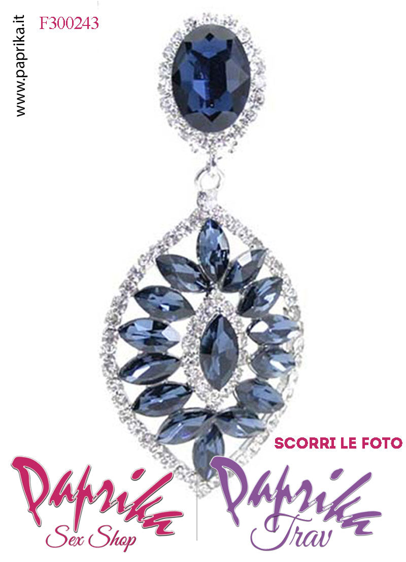 Orecchini Pendenti Ovali Con Clip Metallo Strass Grandi Blu Orecchini Pendenti Ovali Con Clip Metallo Strass Grandi Blu