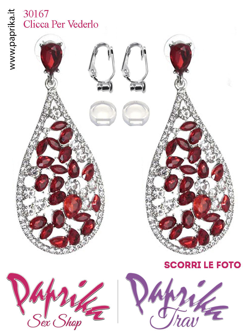 Orecchini Ovali Pendenti Strass Metallo Rossi Perno Clip Omaggio Orecchini Ovali Pendenti Strass Metallo Rossi Perno Clip Omaggio