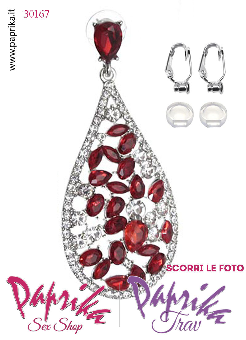 Orecchini Ovali Pendenti Strass Metallo Rossi Perno Clip Omaggio Orecchini Ovali Pendenti Strass Metallo Rossi Perno Clip Omaggio