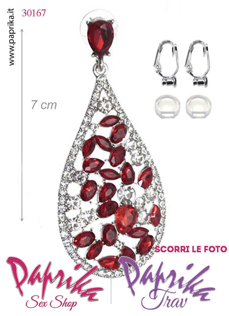 Orecchini Ovali Pendenti Strass Metallo Rossi Perno Clip Omaggio Orecchini Ovali Pendenti Strass Metallo Rossi Perno Clip Omaggio