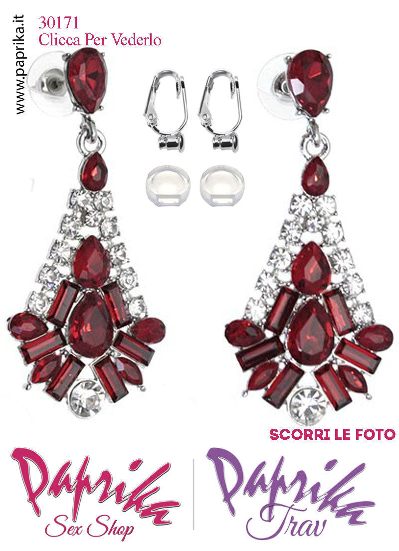 Orecchini Goccia Pendenti Metallo Strass Rossi Perno Clip Omaggio Orecchini Goccia Pendenti Metallo Strass Rossi Perno Clip Omaggio
