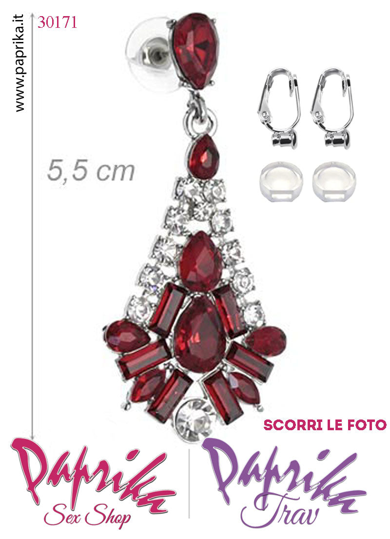 Orecchini Goccia Pendenti Metallo Strass Rossi Perno Clip Omaggio Orecchini Goccia Pendenti Metallo Strass Rossi Perno Clip Omaggio