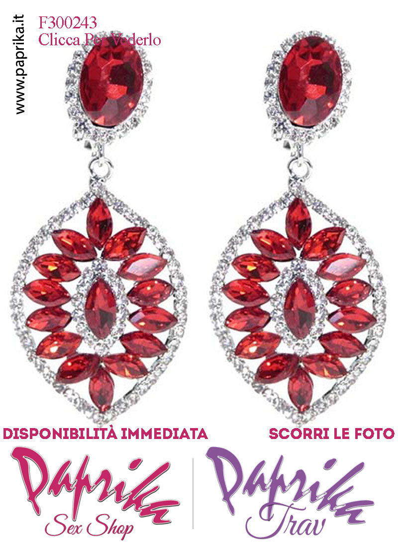 Orecchini Pendenti Ovali Con Clip Metallo Strass Grandi Rossi Orecchini Pendenti Ovali Con Clip Metallo Strass Grandi Rossi