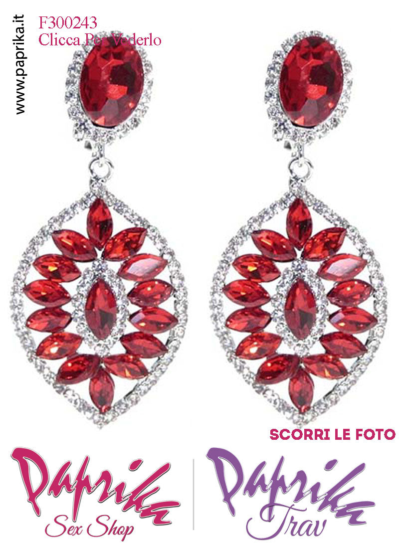 Orecchini Pendenti Ovali Con Clip Metallo Strass Grandi Rossi Orecchini Pendenti Ovali Con Clip Metallo Strass Grandi Rossi