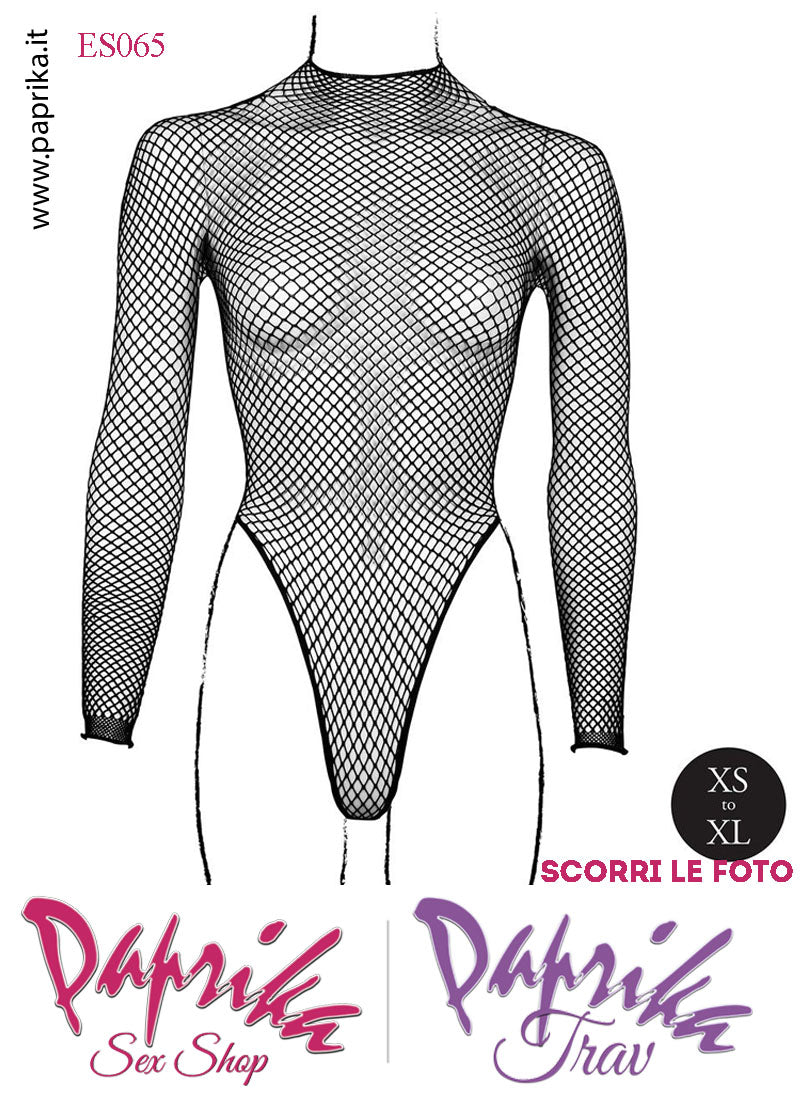 Body Sexy Nero Rete Piccola Apertura Cavallo Maniche Lunghe
