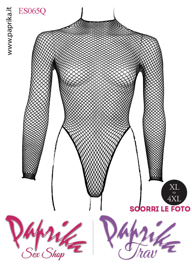 Body Sexy Nero Rete Piccola Apertura Cavallo Maniche Lunghe Taglia Curvy
