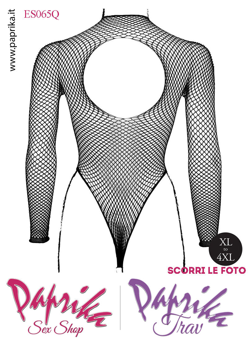 Body Sexy Nero Rete Piccola Apertura Cavallo Maniche Lunghe Taglia Curvy