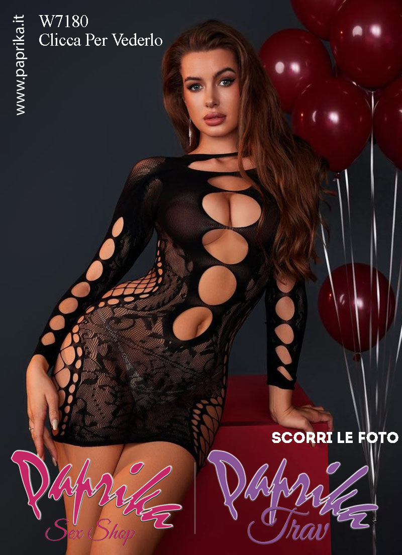 Abito Sexy Corto Aderente Clubwear Retina Trasparente Maniche Lunghe