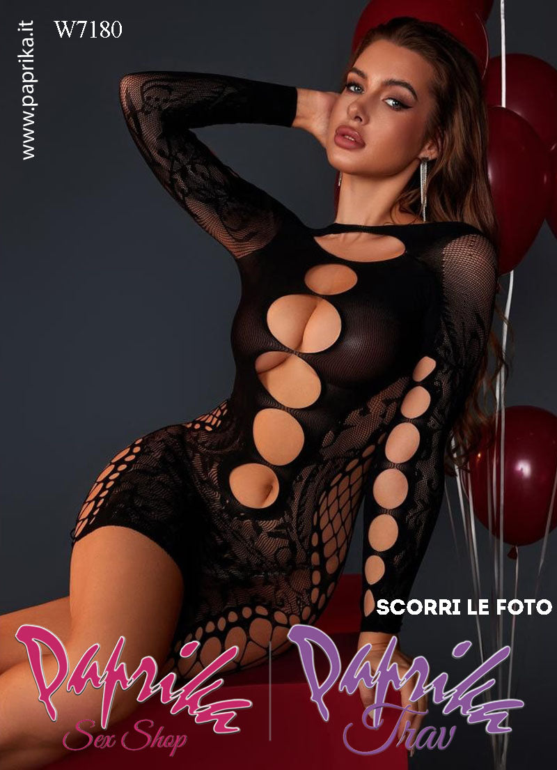 Abito Sexy Corto Aderente Clubwear Retina Trasparente Maniche Lunghe