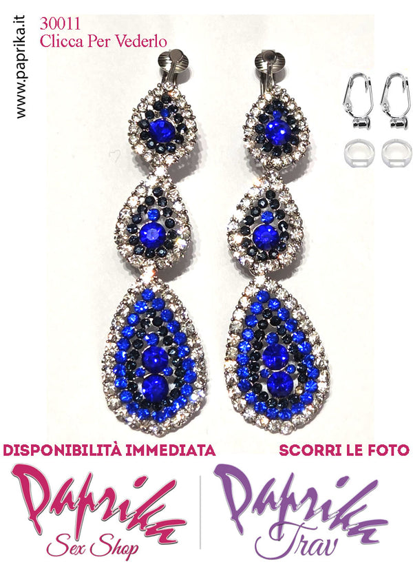 Orecchini Pendenti 3 Ovali 8 cm Strass Blu Rossi Trasparenti Clip Omaggio