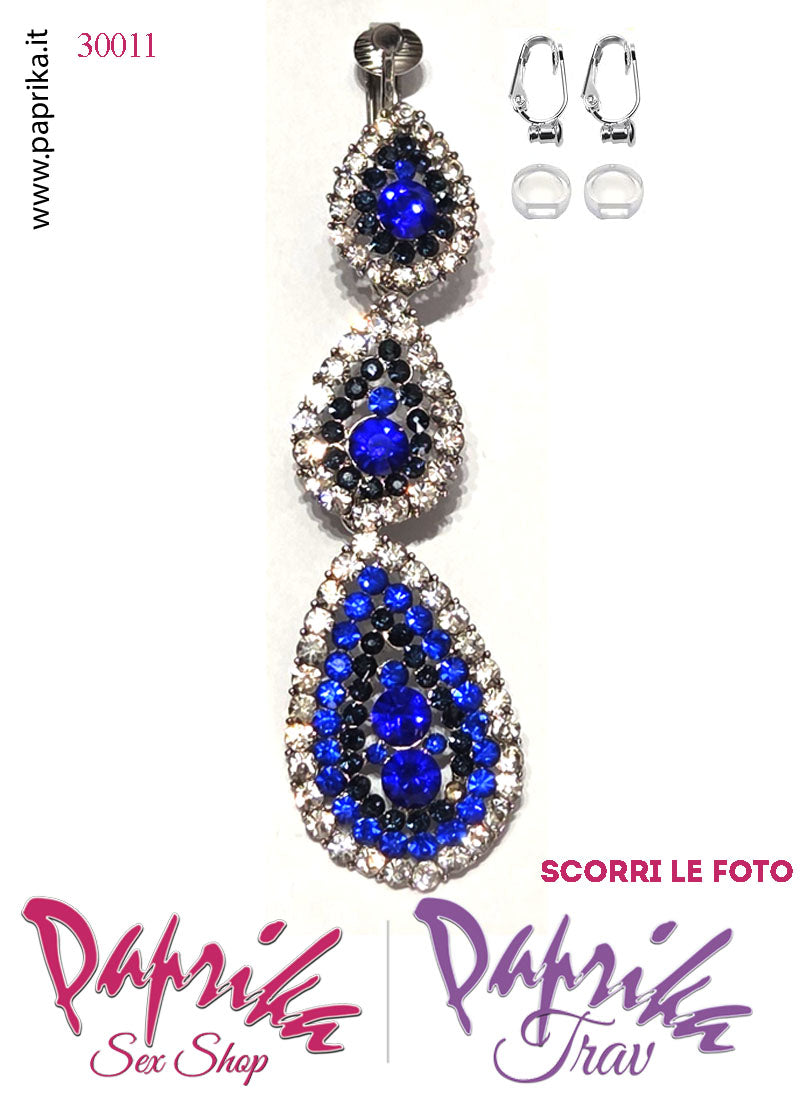 Orecchini Pendenti 3 Ovali 8 cm Strass Blu Rossi Trasparenti Clip Omaggio