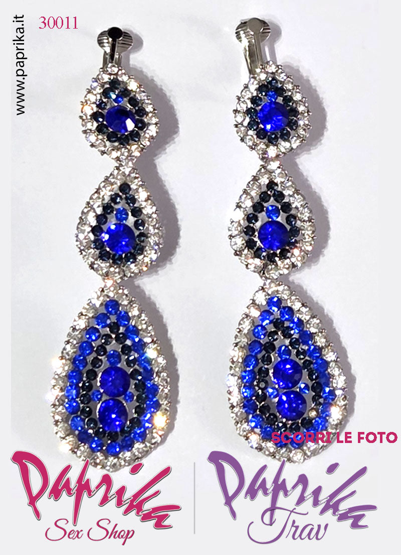 Orecchini Pendenti 3 Ovali 8 cm Strass Blu Rossi Trasparenti Clip Omaggio