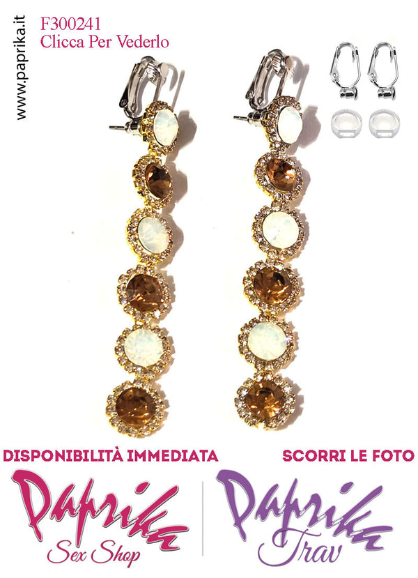Orecchini Pendenti 6 Tondi Oro e Bianco 8 cm Strass Trasparenti Clip Omaggio