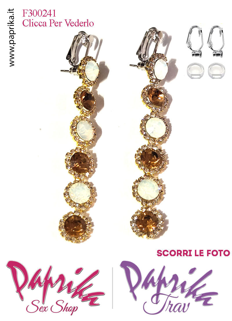 Orecchini Pendenti 6 Tondi Oro e Bianco 8 cm Strass Trasparenti Clip Omaggio