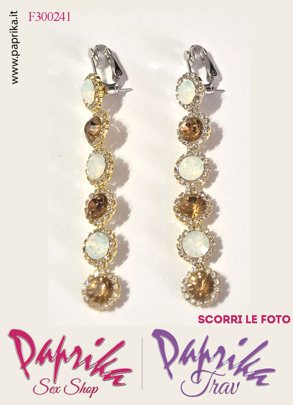 Orecchini Pendenti 6 Tondi Oro e Bianco 8 cm Strass Trasparenti Clip Omaggio