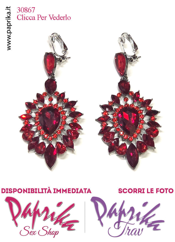 Orecchini Pendenti Fiore Grande 5 cm Strass Rossi Clip Omaggio