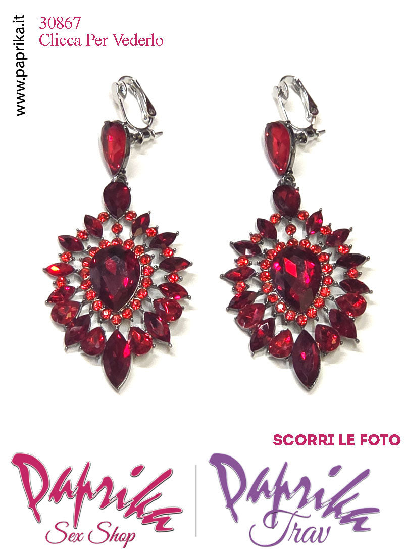 Orecchini Pendenti Fiore Grande 5 cm Strass Rossi Clip Omaggio