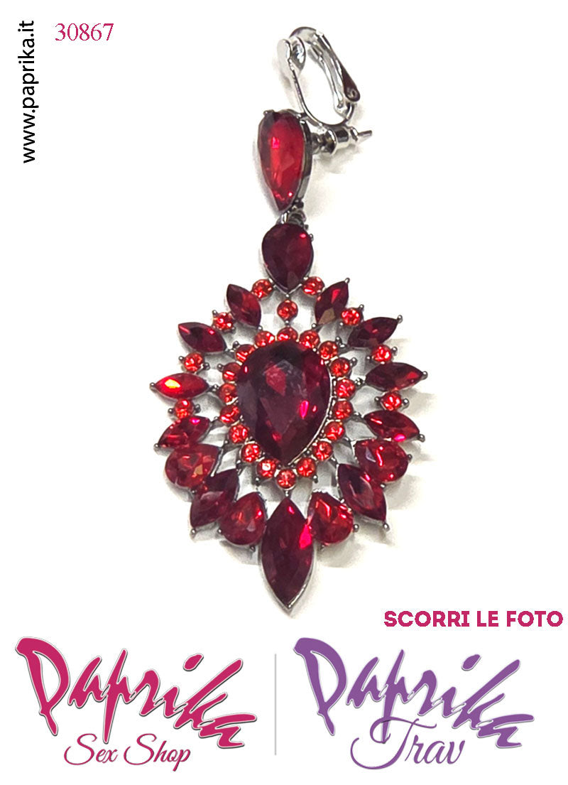 Orecchini Pendenti Fiore Grande 5 cm Strass Rossi Clip Omaggio