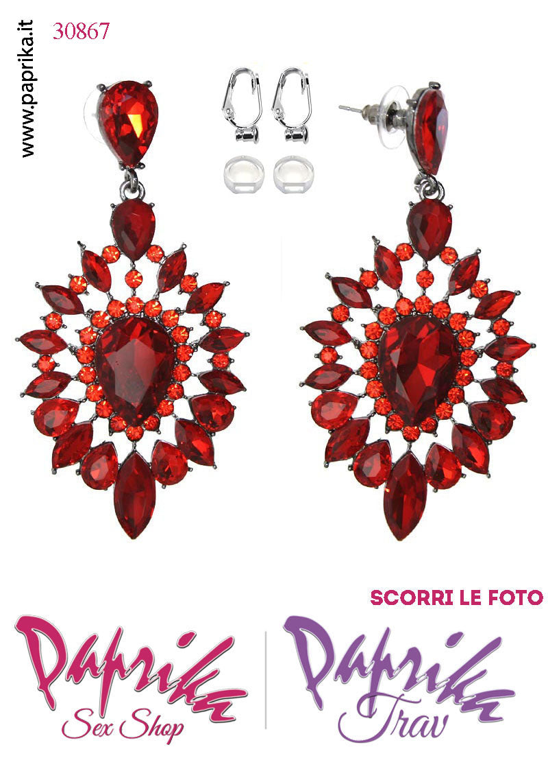 Orecchini Pendenti Fiore Grande 5 cm Strass Rossi Clip Omaggio