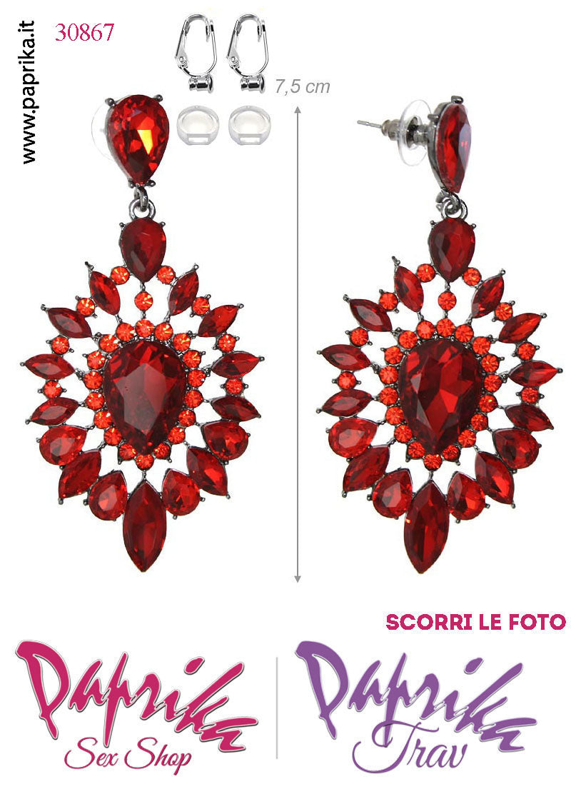 Orecchini Pendenti Fiore Grande 5 cm Strass Rossi Clip Omaggio