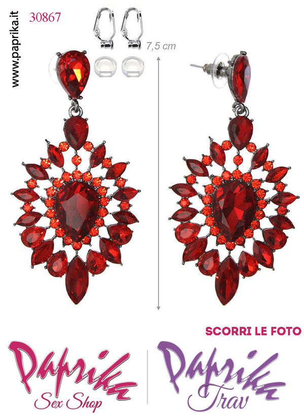 Orecchini Pendenti Fiore Grande 5 cm Strass Rossi Clip Omaggio