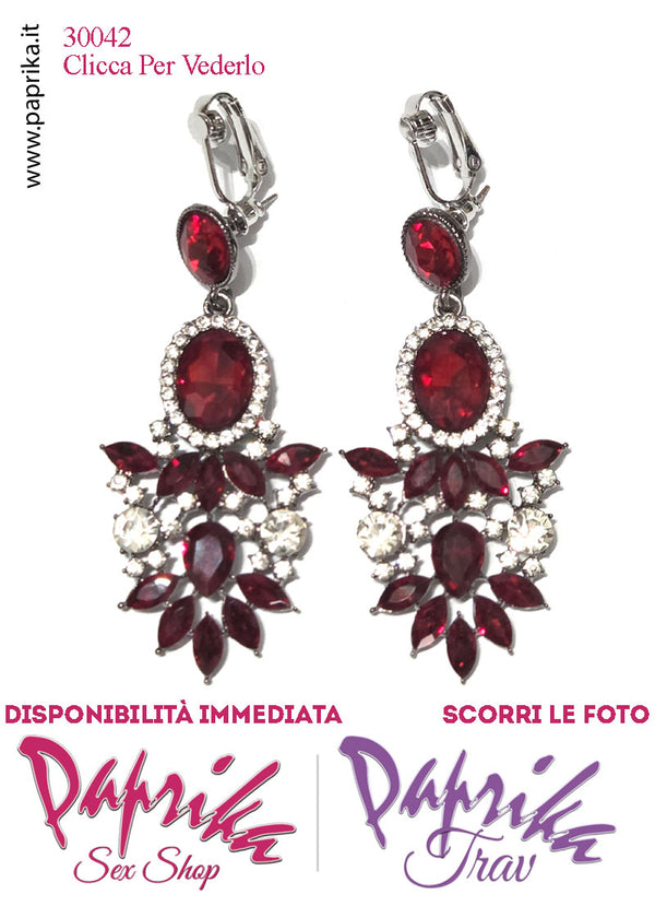 Orecchini Pendenti Fiore 5 cm Strass Ovali Rossi Trasparenti Clip Omaggio