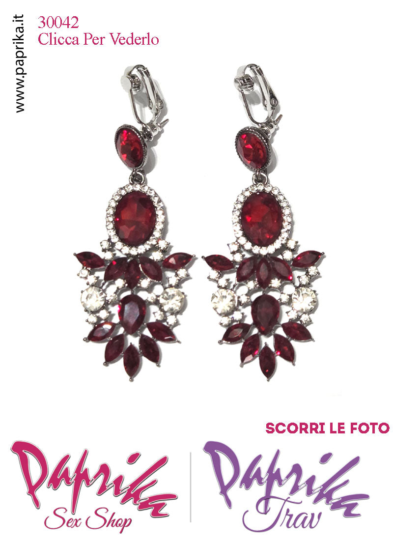 Orecchini Pendenti Fiore 5 cm Strass Ovali Rossi Trasparenti Clip Omaggio