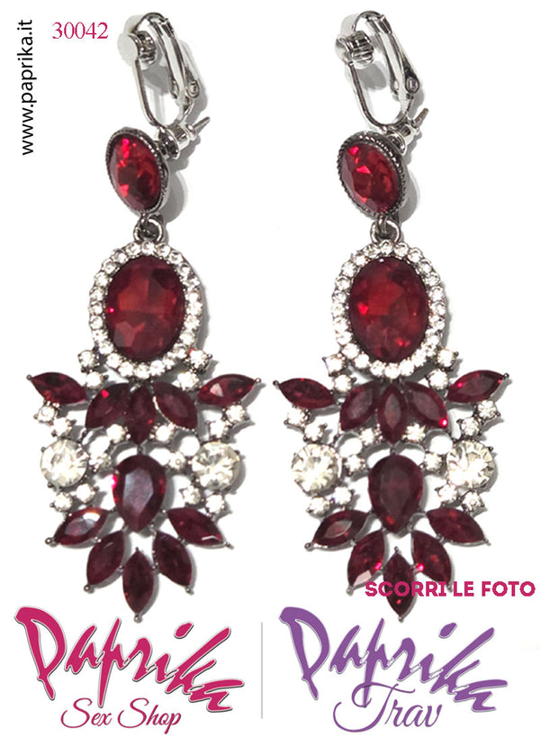 Orecchini Pendenti Fiore 5 cm Strass Ovali Rossi Trasparenti Clip Omaggio