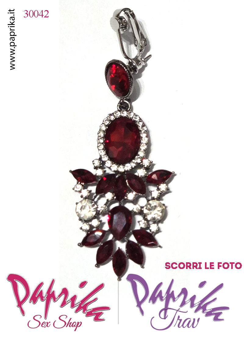 Orecchini Pendenti Fiore 5 cm Strass Ovali Rossi Trasparenti Clip Omaggio
