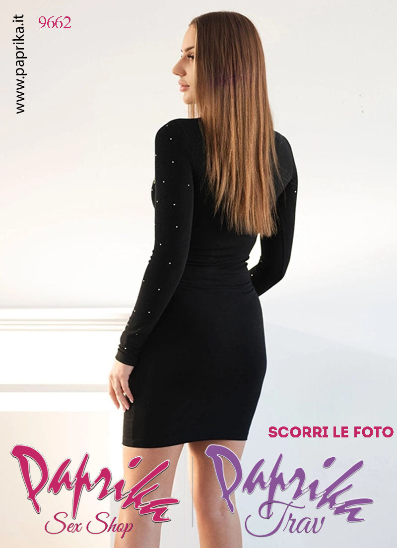 Abito Vestitino Sexy Corto Nero Maniche Lunghe Strass Pendenti e Piccoli
