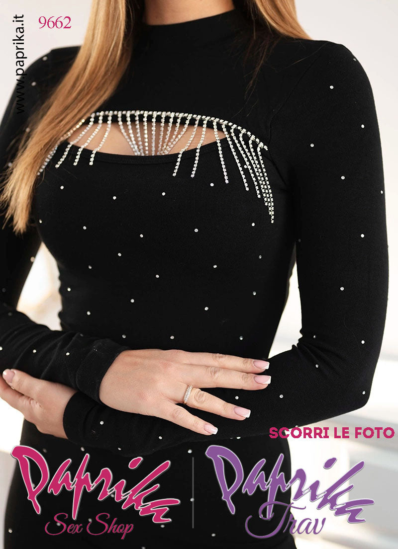 Abito Vestitino Sexy Corto Nero Maniche Lunghe Strass Pendenti e Piccoli