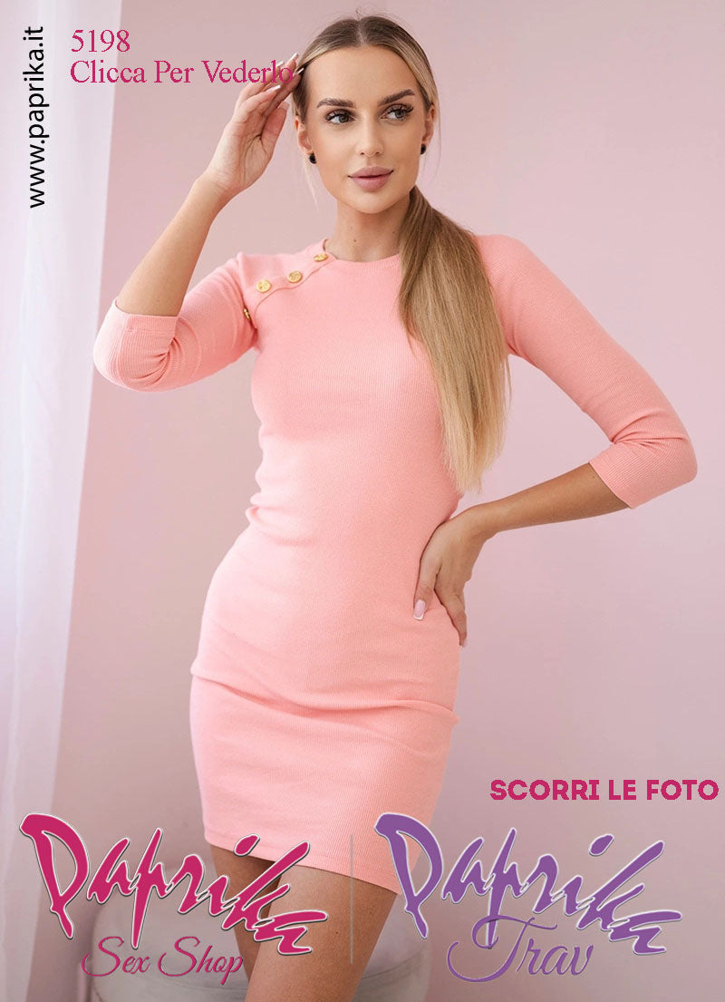 Abito Sexy Corto Albicocca Leggero Aderente Maniche 3/4 Bottoni Oro