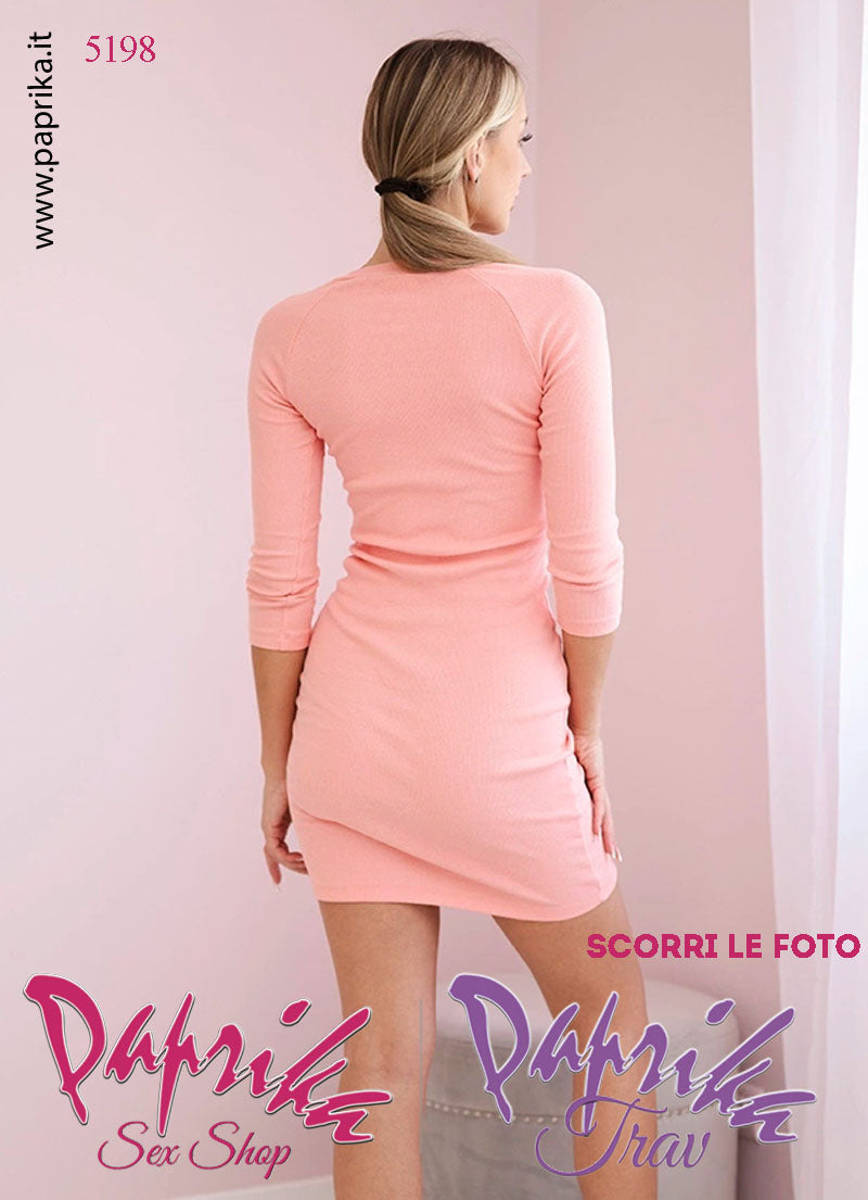 Abito Sexy Corto Albicocca Leggero Aderente Maniche 3/4 Bottoni Oro