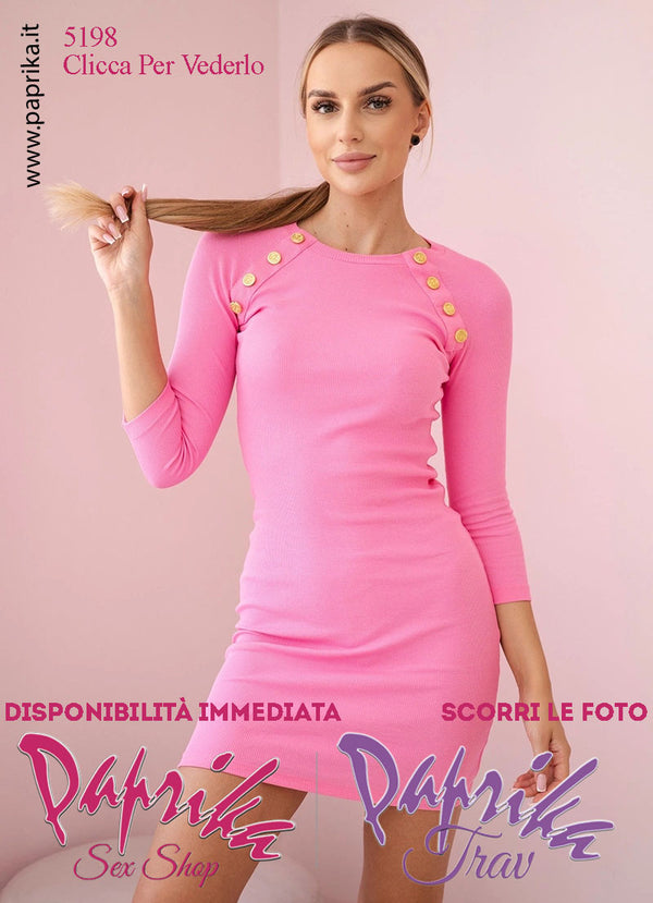Abito Sexy Corto Rosa Leggero Aderente Maniche 3/4 Bottoni Oro